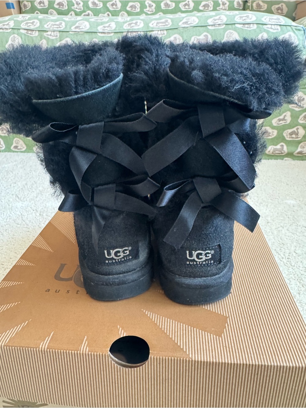 UGG Black Bailey Bow Suede Shearling Boots with Back Ribbon Bows